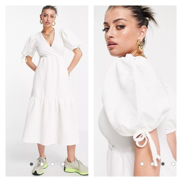 RIVER ISLAND Anthro White Puff Sleeve N Neck TIered Midi Dress US 12 UK 16 NWT - Picture 1 of 8
